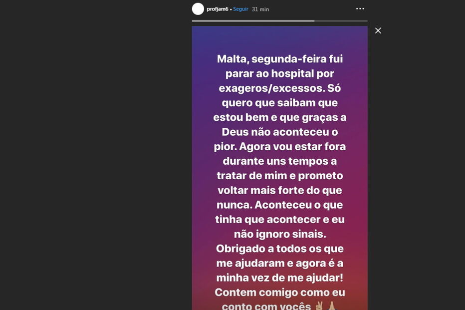 Rapper Profjam explica aos seguidores motivo de ida ao hospital