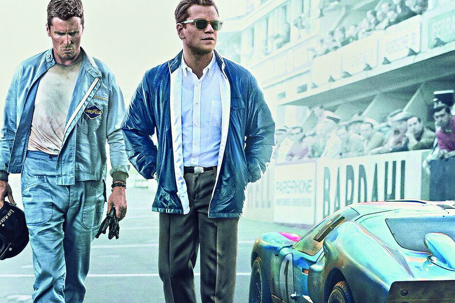 Atores Christian Bale e Matt Damon são, respetivamente, o piloto Ken Miles e o designer de carros Carroll Shelby