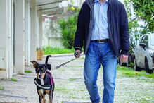 Renato Loureiro acompanhado por Link, o cão enfermeiro, que o ajuda a controlar a diabetes 