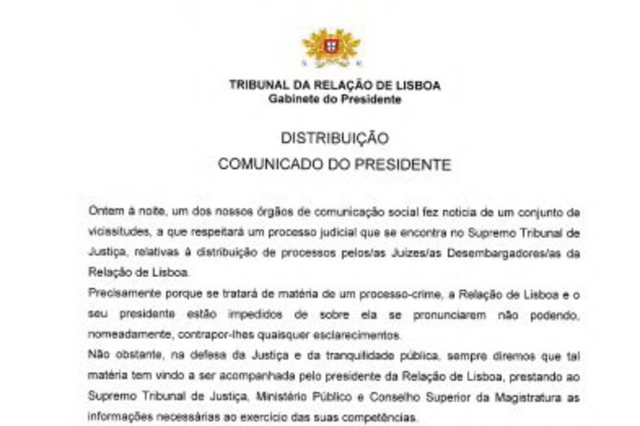 Comunicado do Presidente do Tribunal da Relação de Lisboa