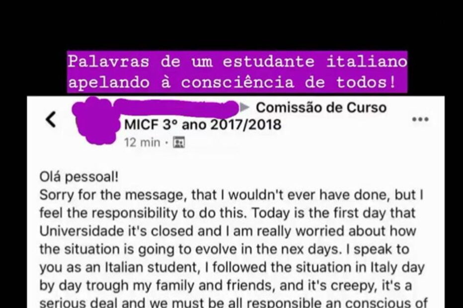 Estudante italiano em Coimbra apela aos portugueses: 