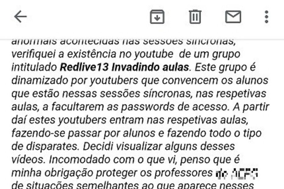 Email enviado aos encarregados de educação