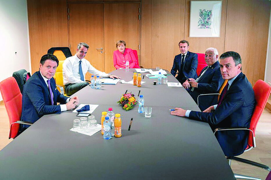Reunião entre Merkel (Alemanha), Macron (França), Costa (Portugal), Sánchez (Espanha), Conte (Itália) e Mitsotakis (Grécia) 