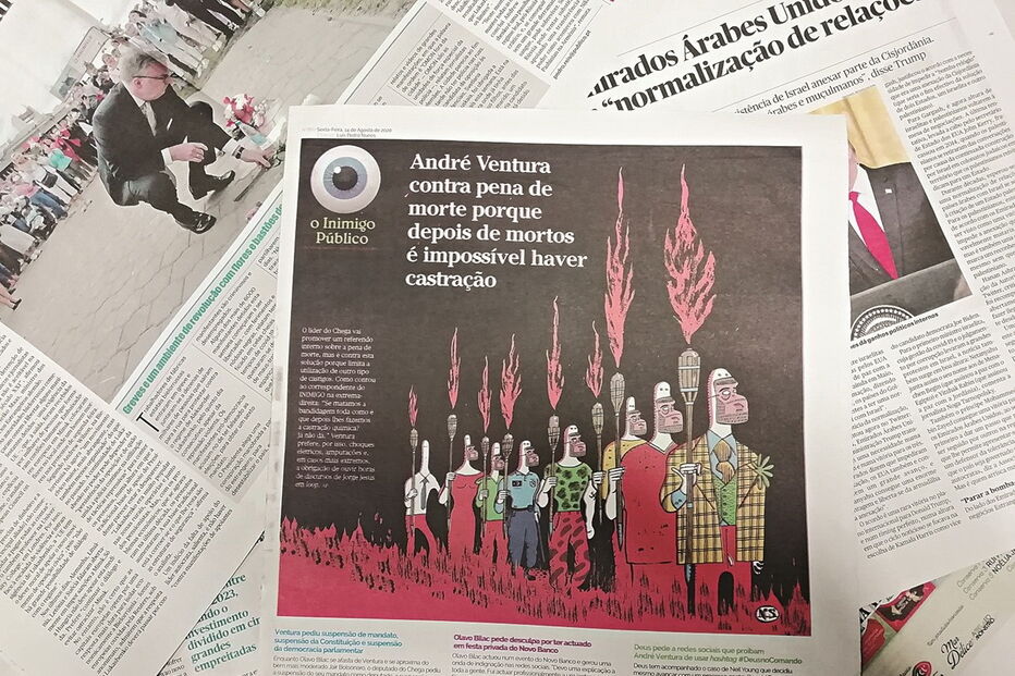 Cartoon publicado na sexta-feira mostra polícia numa manifestação, com tocha na mão e máscara