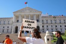 Movimento cívico Covid-19 com Ciência organizou este domingo uma concentração, em frente à Assembleia da República, para exigir 