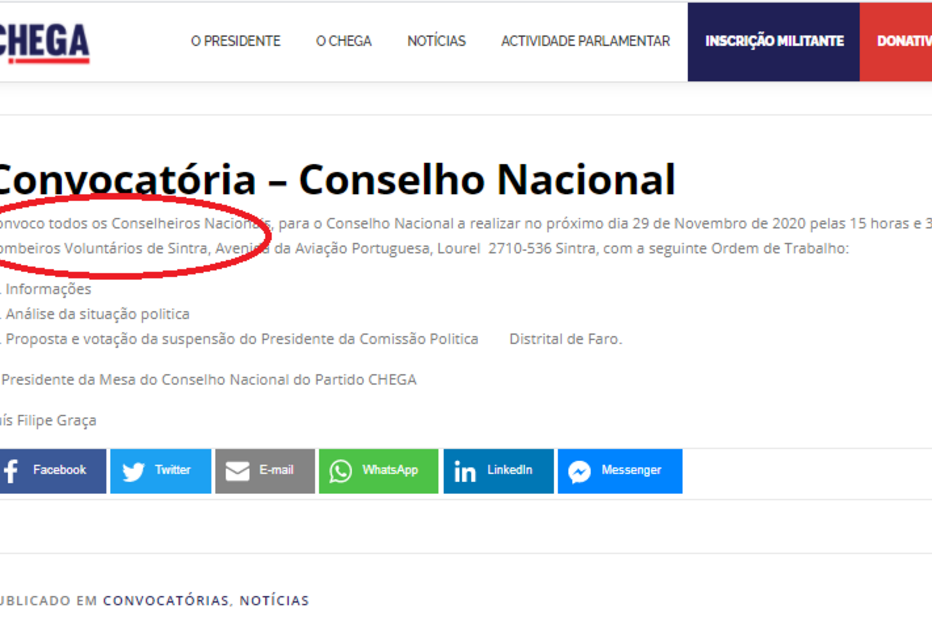 Convocatória foi apagada do site do CHEGA	