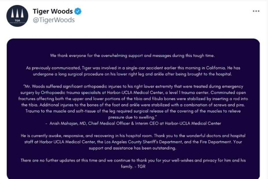 O comunicado da equipa de Tiger Woods