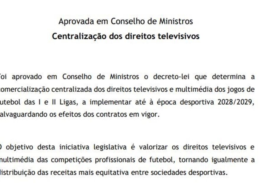 Diploma sobre comercialização centralizada dos direitos televisivos e multimédia dos jogos de futebol