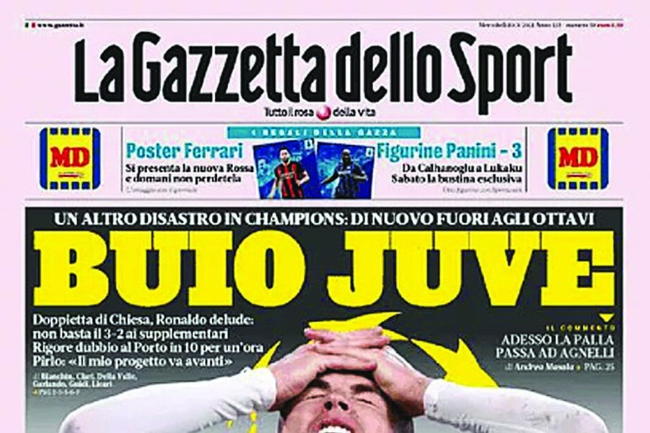 O “eclipse” de Ronaldo é um dos destaques da ‘Gazzetta’, que não perdoa o erro na barreira no 2-2
