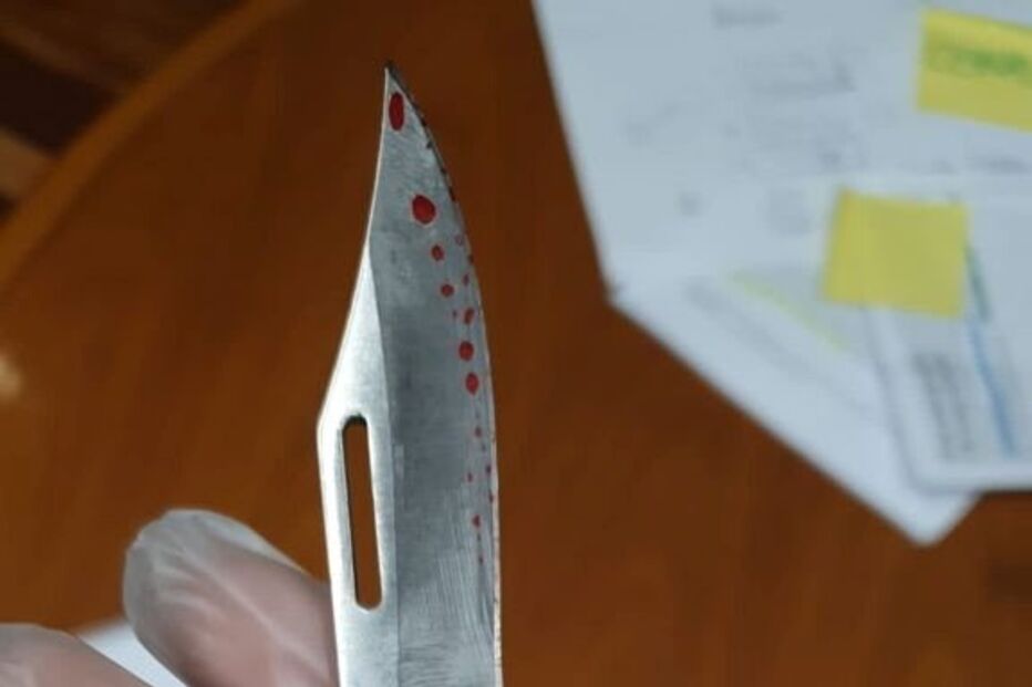 Faca tem vários salpicos vermelhos no gume 