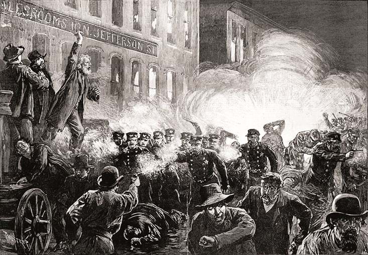 Ilustração dos protestos em Chicago, em 1886, que terminaram de forma violenta