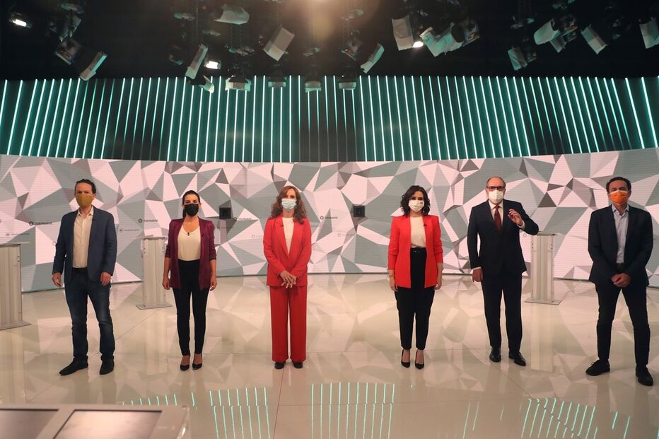 Os candidatos: Pablo Iglesias (Podemos), Rocio Monasterio (Vox), Mónica García (Más Madrid), Isabel Ayuso (PP), Ángel Gabilondo (PSOE) e Edmundo Bal (C’s)