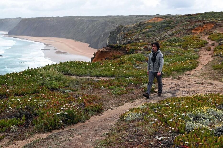 Nas arribas da Ponta da Atalaia, Aljezur, o biólogo e ambientalista, Nuno Barros, da associação ambientalista ANP/WWF, observa as cegonhas que nidificam nas arribas, numa zona do Parque Nacional do Sudoeste Alentejano e Costa Vicentina (PNSACV), que é uma área importante para as aves e onde “habitam” 700 espécies de plantas, Aljezur, 10 de maio de 2021.