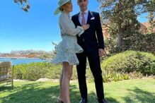 Raquel Strada e o marido Joaquim no casamento de Sara Salgado