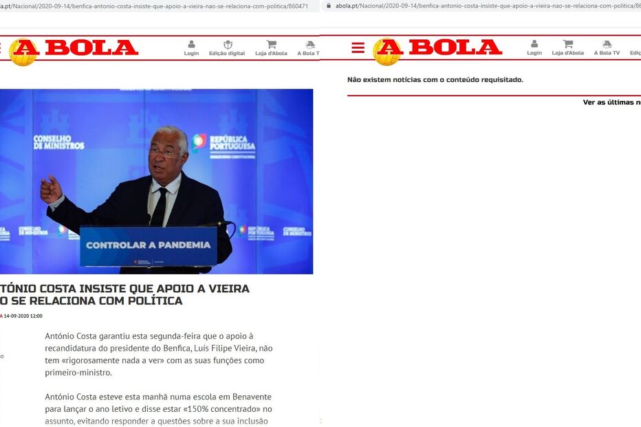 “A Bola” apaga do site notícias sobre apoio de Costa e Medina a Luís Filipe Vieira