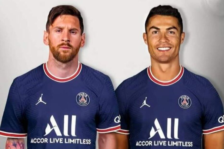 Cristiano Ronaldo ao lado de Messi com camisola do PSG em fotomontagem 