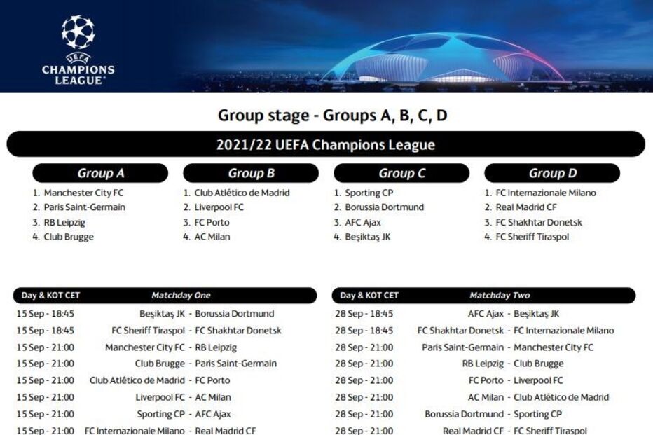 Calendário da fase de grupos da Liga dos Campeões 2021/2022