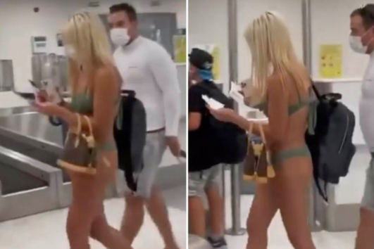 Uma mulher foi filmada num aeroporto nos Estados Unidos vestida apenas com um biquíni e uma máscara facial.