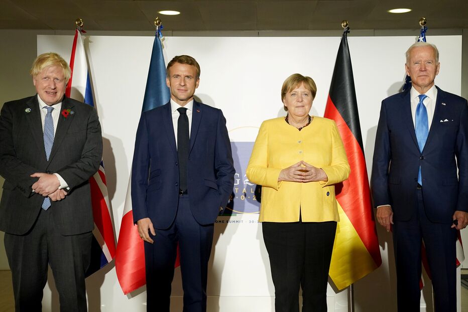 Presidente dos EUA, Joe Biden, chanceler alemã, Angela Merkel, primeiro-ministro britânico, Boris Johnson, e presidente francês, Emmanuel Macron, cimeira, G20, Roma