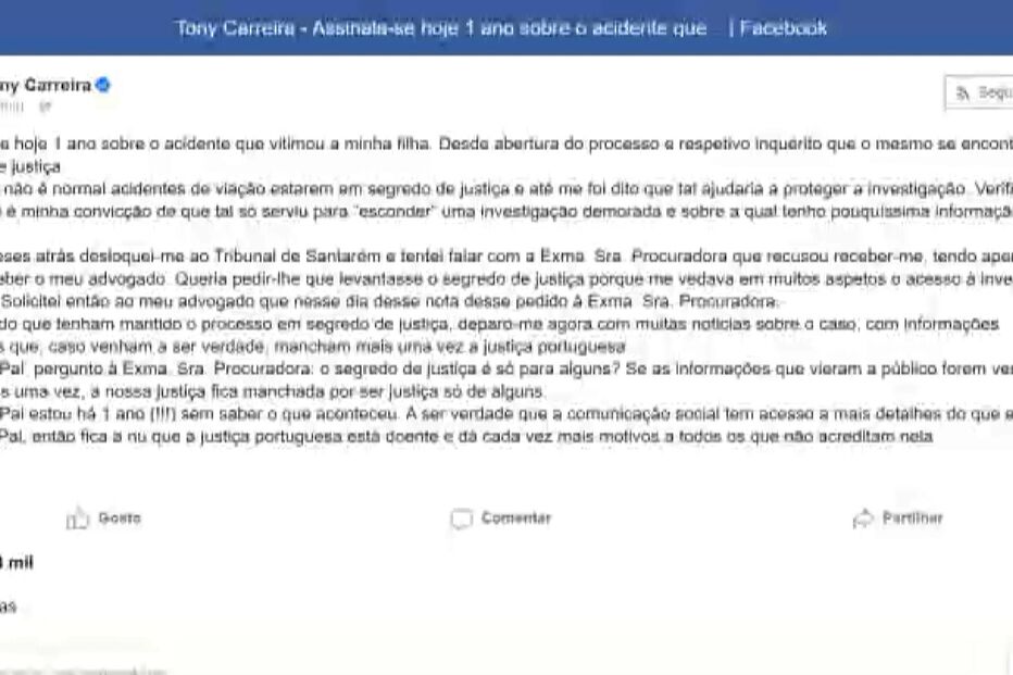 Tony Carreira quebra silêncio sobre investigação ao acidente que matou a filha