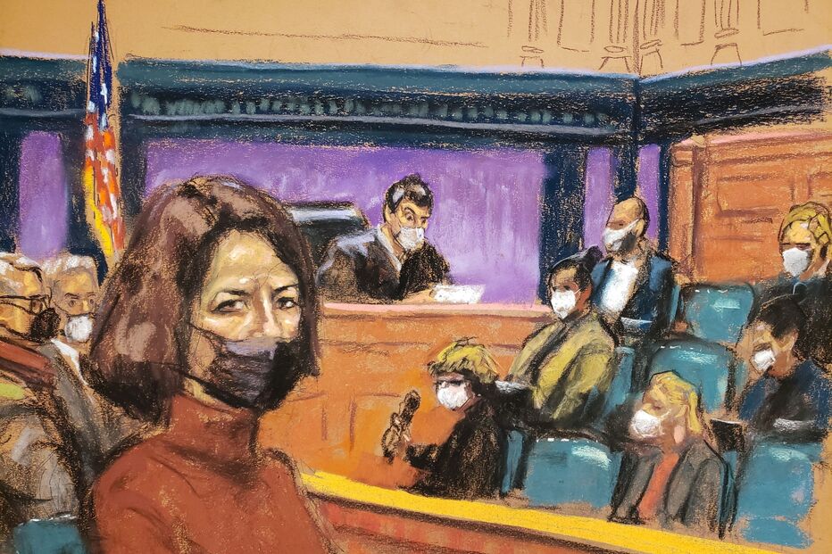 Ghislaine Maxwell em tribunal, ilustração