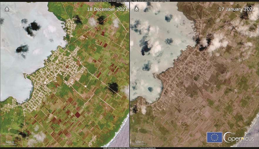 Imagens de satélite mostram impacto significativo na parte ocidental da ilha de Tongatapu