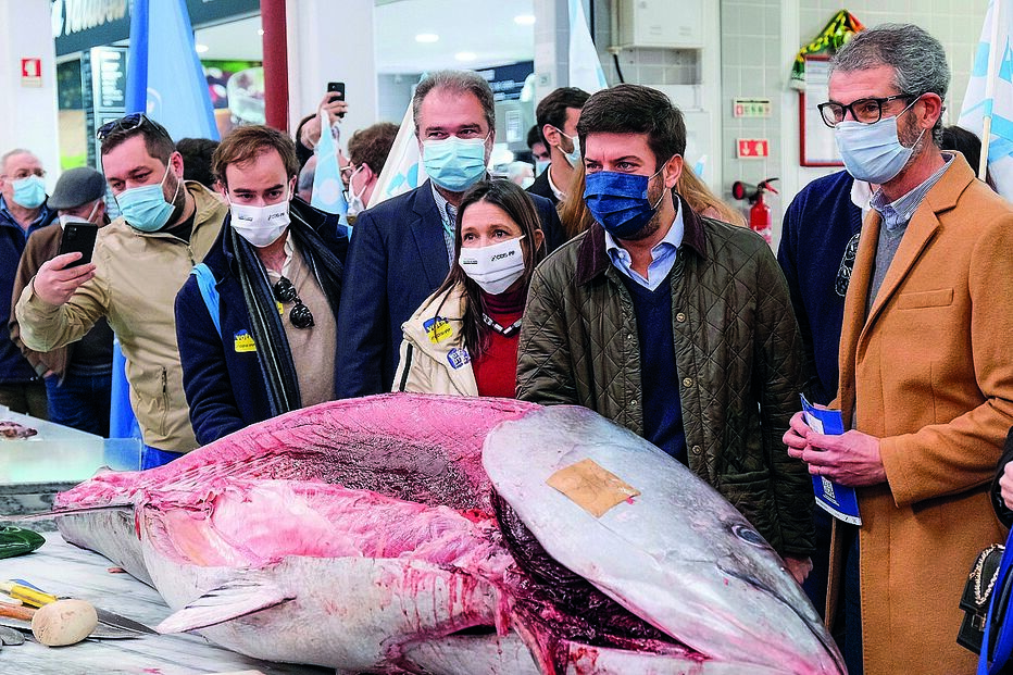 ‘Chicão’ de visita ao Mercado do Livramento, em Setúbal, junto a um atum  