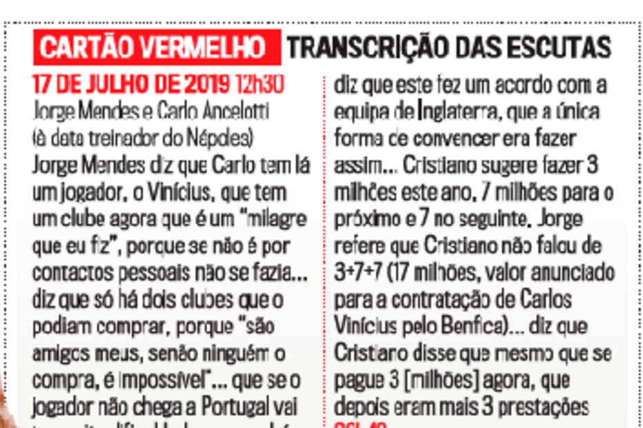Escutas revelam que Jorge Mendes impõe Vinícius ao Benfica