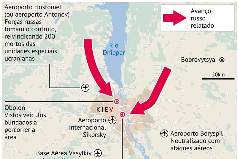 Como as forças russas entraram em Kiev depois de terem bombardeado zonas estratégicas da capital ucraniana 
