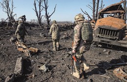 Soldados ucranianos observam veículos militares russos, destruídos e abandonados, perto da região de Sumy