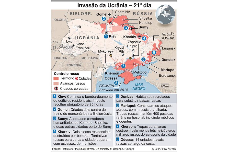 Guerra Ucrânia - mapa dia 21
