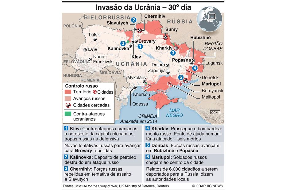Mapa guerra na Ucrânia - dia 30