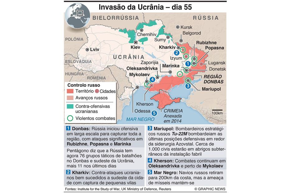 Mapa guerra na Ucrânia - dia 55