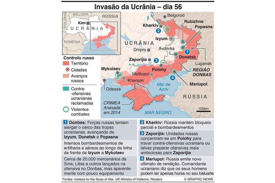 Mapa guerra na Ucrânia - dia 56