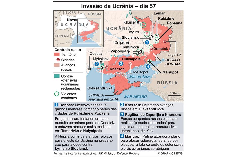 Mapa guerra na Ucrânia - dia 57