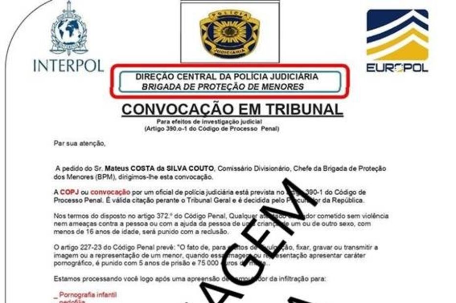 Mensagem falsa que motivou alerta da PJ