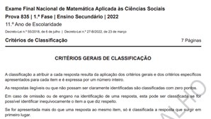 Já são conhecidos os critérios de correção do exame nacional de Matemática Aplicada às Ciências Sociais do 11º. Ano