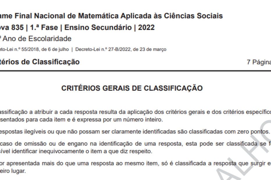 Já são conhecidos os critérios de correção do exame nacional de Matemática Aplicada às Ciências Sociais do 11º. Ano