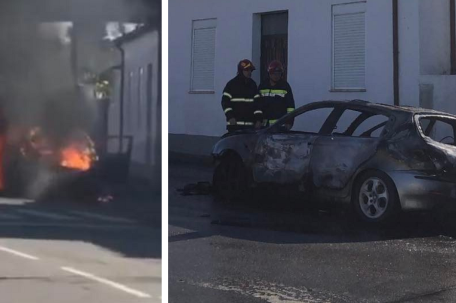 Carro totalmente consumido pelas chamas em Lousado, Famalicão