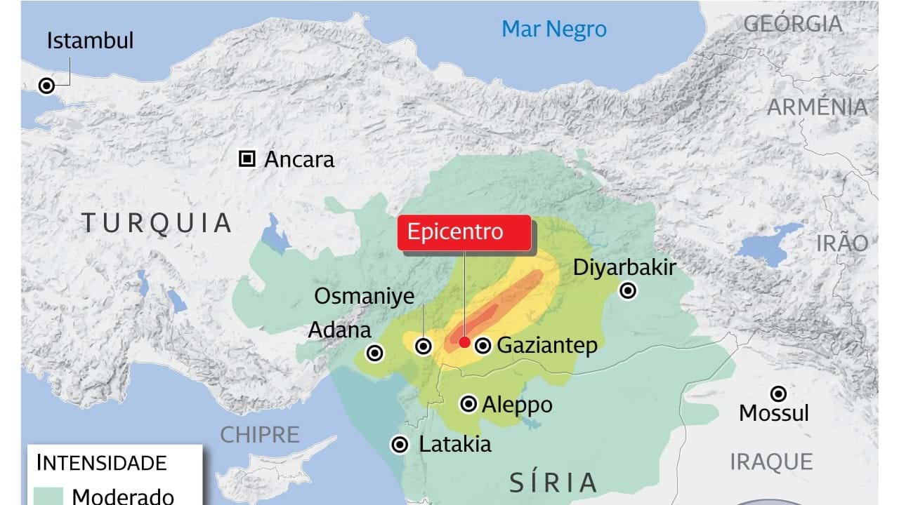 A magnitude do sismo na Turquia e Síria desenhada no mapa de