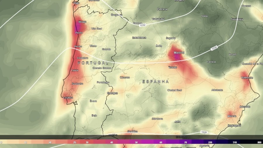 Mapa que mostra a concentração de partículas poluentes no ar