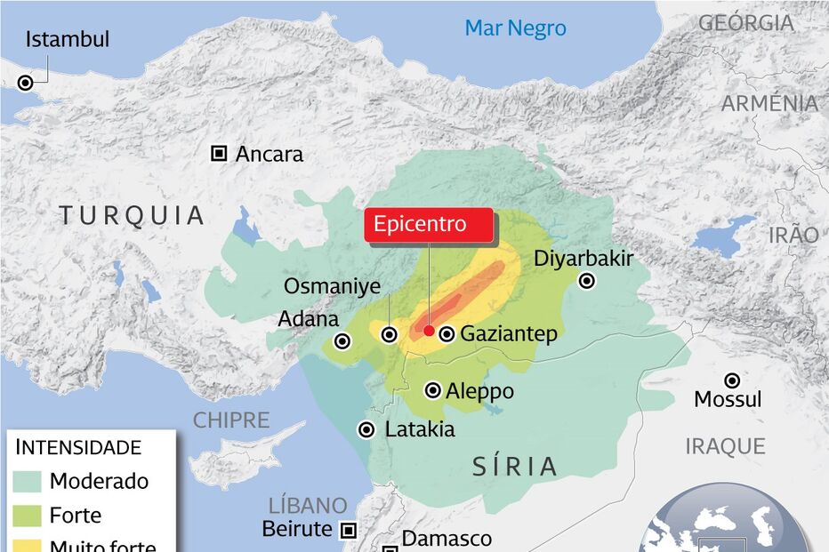 Mapa do sismo na Turquia