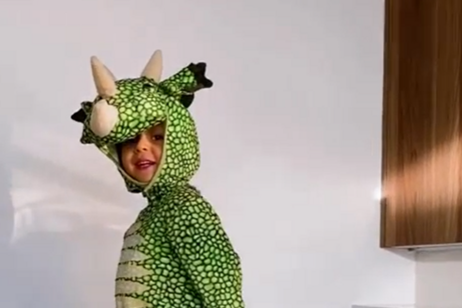 Xavier, filho de Sofia Arruda, mascarou-se de dinossauro 