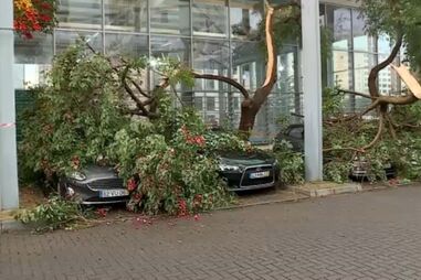 Chuva intensa e rajadas de vento inundam estradas do Parque das Nações em Lisboa