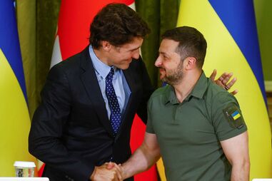 Primeiro-ministro canadiano, Justin Trudeau, e Presidente da Ucrânia, Volodymyr Zelenskiy