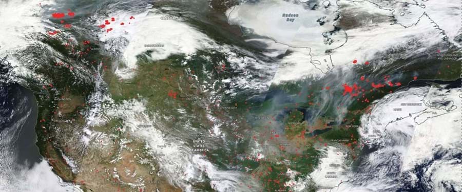 Propagação do fumo dos fogos florestais no Canadá