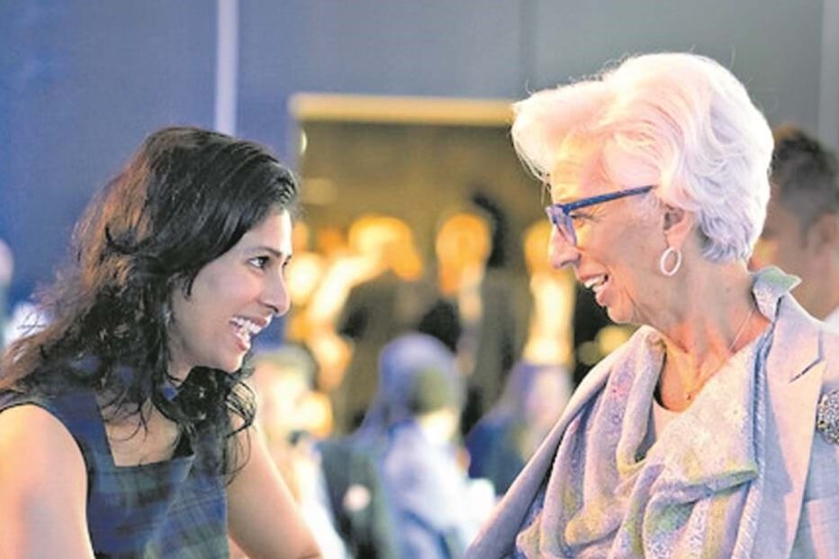 Gita Gopinath, economista-chefe do FMI,  e Lagarde ,  em Sintra