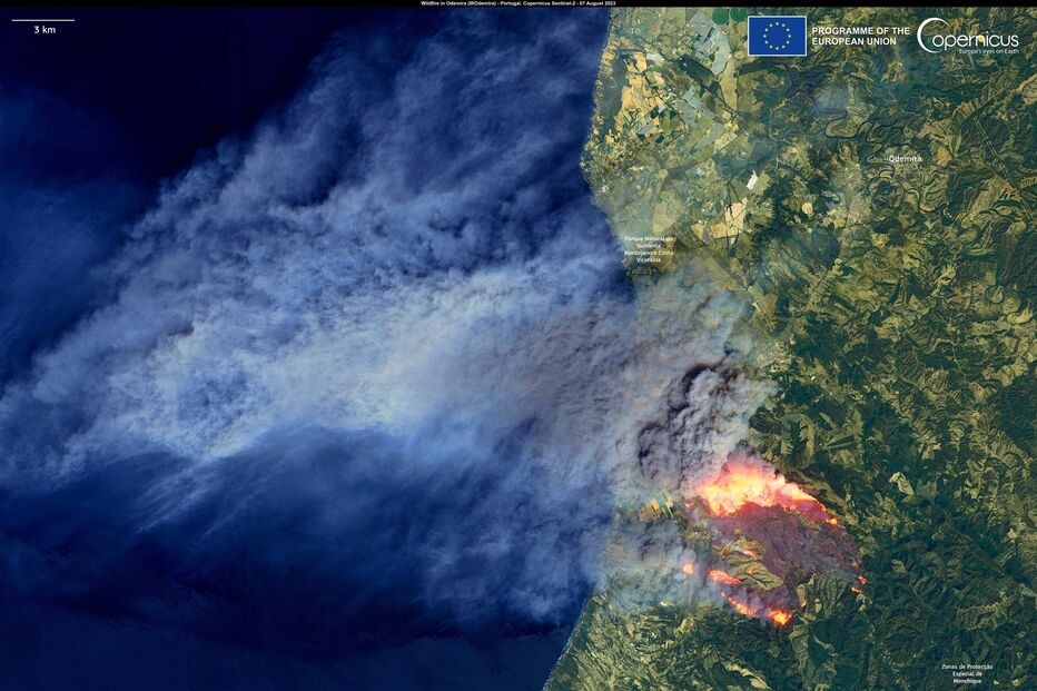Imagens de satélite mostram incêndio em Odemira 