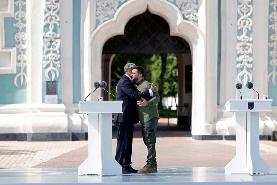 Marcelo Rebelo de Sousa e Volodymyr Zelensky na celebração do Dia da Independência da Ucrânia