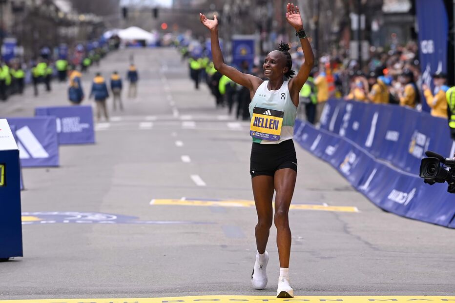 Hellen Obiri com as sapatilhas revolucionárias na Maratona de Boston
